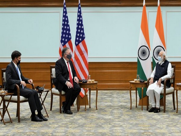 The US Secretaries of State and Defense Mike Pompeo and Mark Esper meet Prime Minister Narendra Modi on Tuesday. (Photo/ANI)