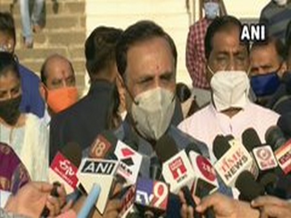 Gujarat Chief Minister Vijay Rupani speaking to reporters in Gujarat on Monday. Photo/ANI