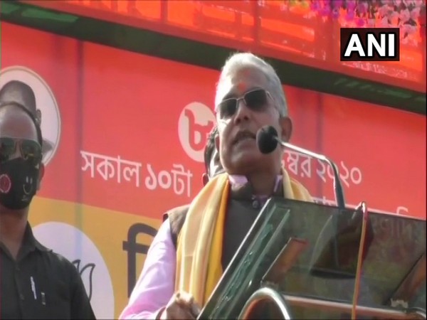 West Bengal BJP president Dilip Ghosh at the meeting in Haldia on Sunday. (Photo/ANI)