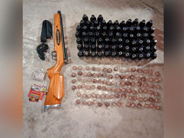 BSF troops seized one air pellet gun, two slings, 95 leather vessels, and 74 Phensedyl bottles. (Photo/ANI)