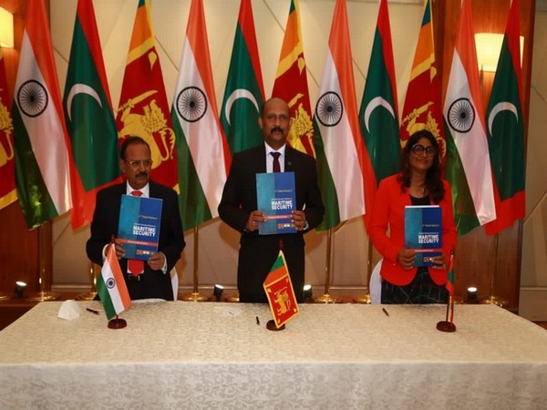 NSA Ajit Doval, Maldives foreign minister Mariya Didi and Sri Lankan Defence Secretary Major General (Retd.) Kamal Gunaratne. (Twitter/India in Sri Lanka)