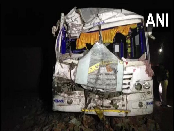 The bus, which collided with a truck in Moradabad. Photo/ANI