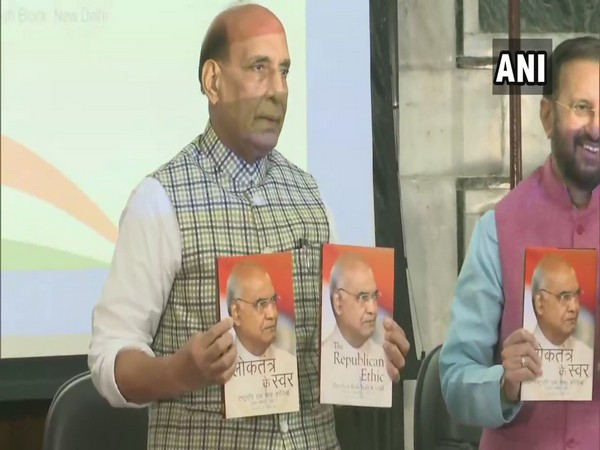Defence Minister Rajnath Singh released the books containing 57 speeches of President Kovind in the presence of I&B Minister Prakash Javadekar in new Delhi on Thursday. [Photo/ANI]