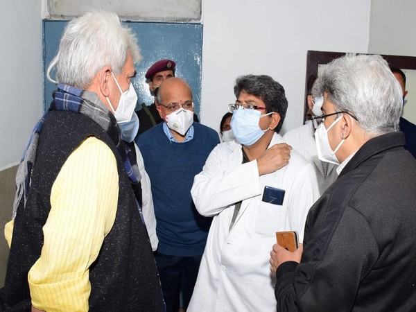 Jammu and Kashmir LG Manoj Sinha met injured police personnel in Nagrota encounter on Thursday. [Photo/ANI]