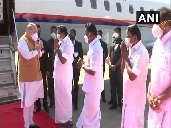 Union Home Minister Amit Shah was received by Tamil Nadu Chief Minister E Palaniswamy upon his arrival in Chennai [Photo/ANI]