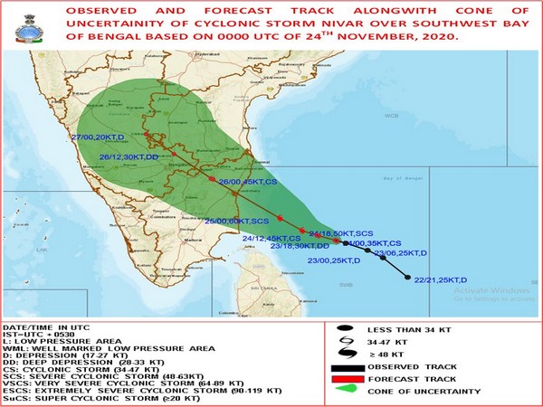 Observed and forecasted track of Cyclone Nivar at 00:00 hours UTC on November 24 [Photo/IMD Twitter]