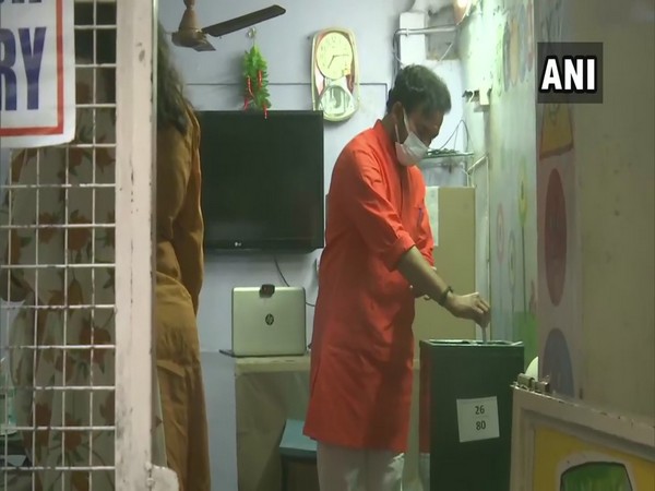 Union Minister of State G Kishan Reddy casts his vote at Deeksha Model School in Kachiguda on Tuesday. (Photo/ANI)