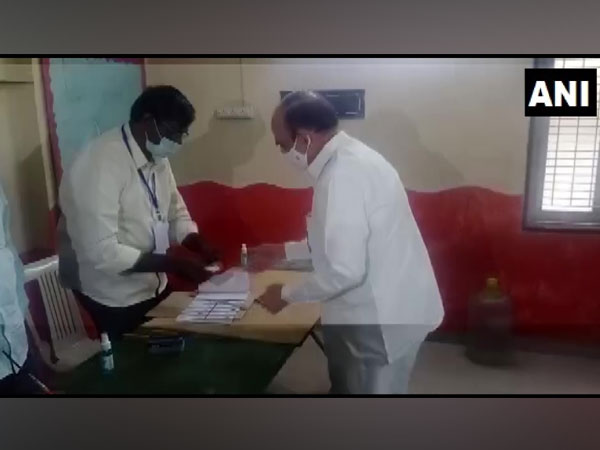 Telangana Home Minister Mohammed Mahmood Ali casting his vote today in Hyderabad. [Photo/ANI] 