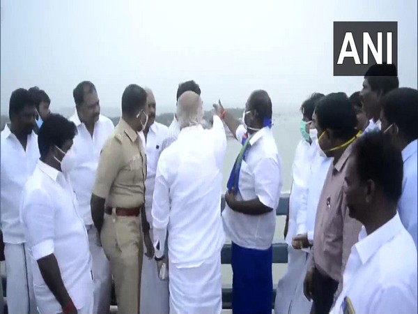 State Minister RB Udayakumar in coastal Rameswaram. (Photo/ANI)