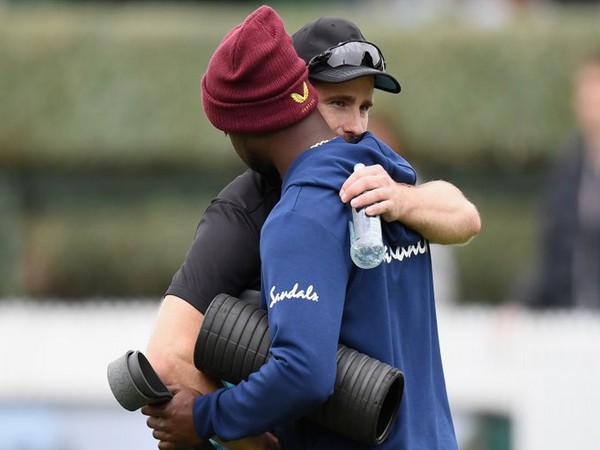 Kane Williamson and Kemar Roach before start of play (Photo/ Windies Cricket Twitter)