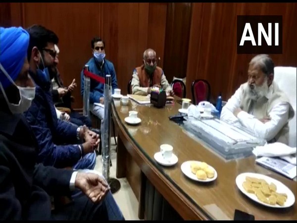 The JJP delegation, including party leader Digvijay Chautala meet with Haryana Home Minister Anil Vij. (Photo/ANI)