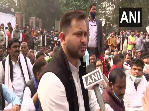 RJD leader Tejashwi Yadav during protets in Patna (Photo/ANI)