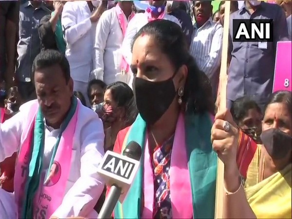 Telangana leader K. Kavitha during the support rally of Bharat bandh today (Photo/ANI)