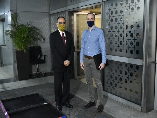 UK Foreign Secretary Dominic Raab with Joint Secretary (Europe West) Sandeep Chakravorty. (Twitter/Anurag Srivastava)