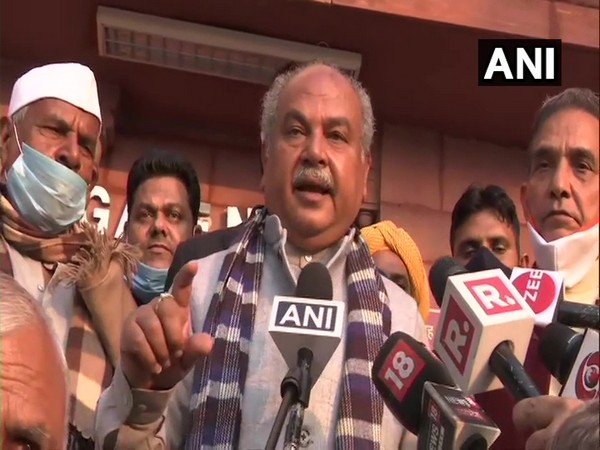 Union Agriculture Minister Narendra Singh Tomar speaking to the media after meeting with farmers from Baghpat. (Photo/ANI)