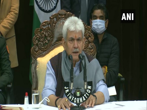 Jammu and Kashmir LG Manoj Sinha speaking at a press conference in Jammu on Sunday [Photo/ANI]