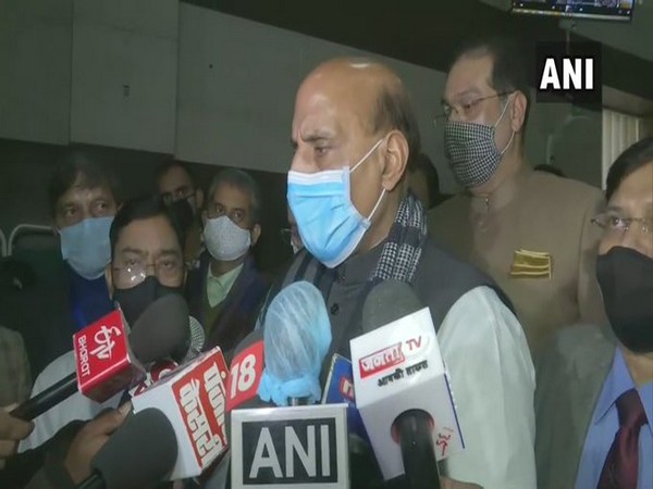 Defence Minister Rajnath Singh speaking to the reporters in Lucknow (Photo/ANI)