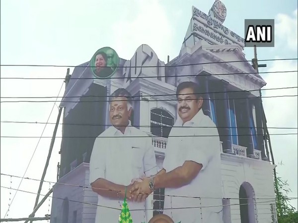 A banner featuring E K Palaniswami and O Panneerselvam in Chennai (Photo/ANI)