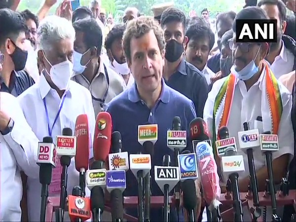 Congress leader Rahul Gandhi addressing media in Madurai (Photo/ANI)