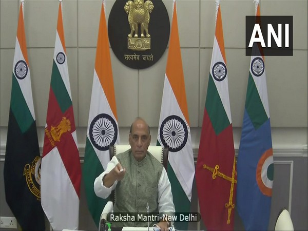 Defense Minister Rajnath Singh attending the 'Jal Abhishekam' program via video conferencing in Bhopal. (Photo/ANI)
