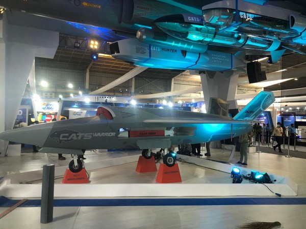 The model of futuristic combat drone CATS WARRIOR at Aero India-2021 (Photo/ANI)