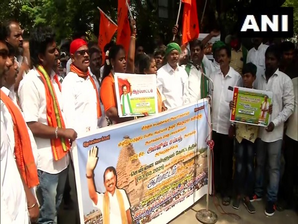 Members of the Hindu Makkal Katchi party staging demonstrations in support of three farmer laws in Chennai.