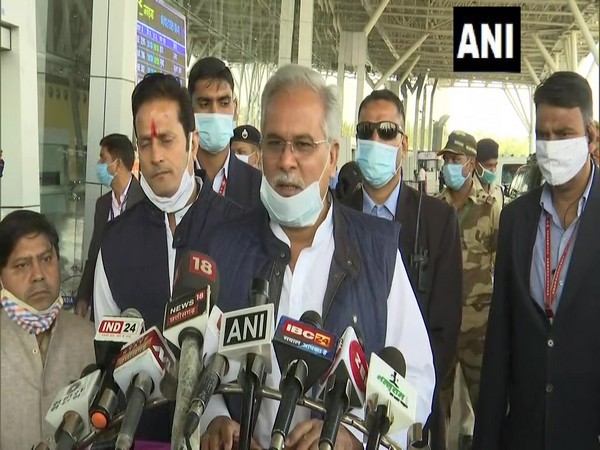 Chhattisgarh Chief Minister Bhupesh Baghel addresses a press conference in Raipur on Sunday. [Photo/ANI]