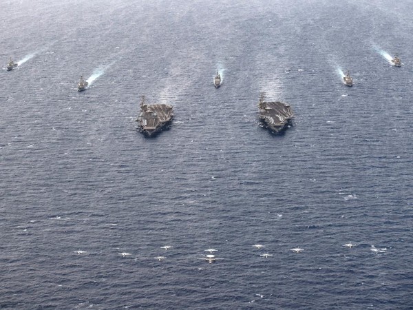 USS Nimitz and USS Theodore Roosevelt Dual Carrier Operations in the South China Sea. (Photo credit: Twitter/US Navy)