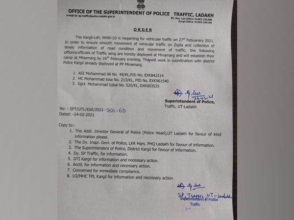 Order issued by the Office of the Superintendent of Police (Traffic), Ladakh on Wednesday. (Photo/ANI)