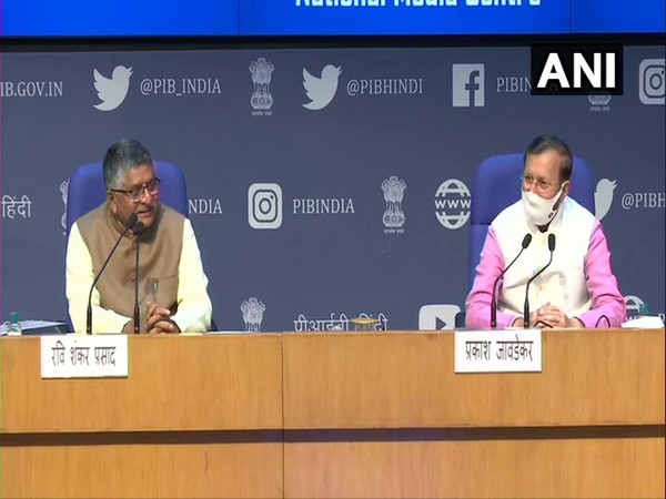 Union Ministers Ravi Shankar Prasad (left) and Prakash javadekar addressing a press conference in Delhi. (Photo/ANI)