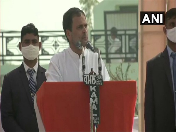 Congress leader Rahul Gandhi addressing the Mahapanchayat in Hanumangarh, Rajasthan on Friday. (Photo/ANI)
