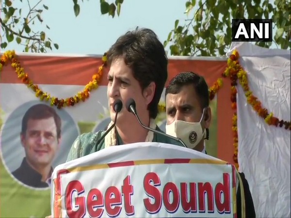 Congress General Secretary Priyanka Ganghi Vadra addressing a rally in Bijnor, Uttar Pradesh on Monday. (Photo/ANI)