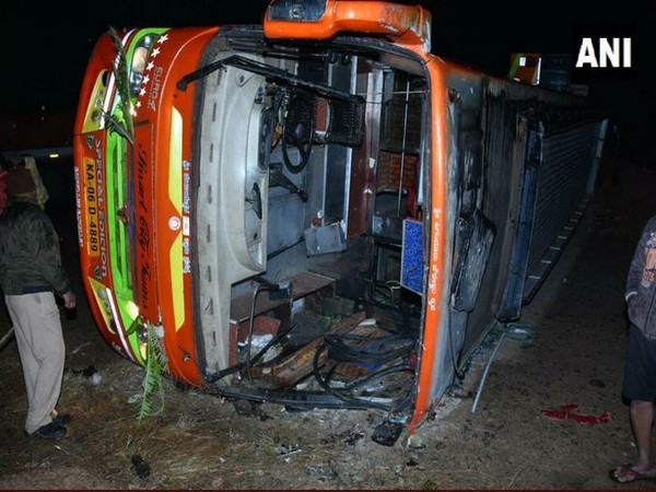 Image of the bus that turned turtle in Tumakuru