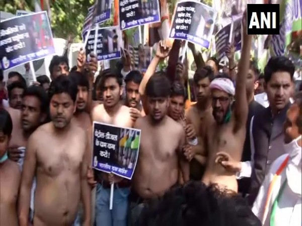 Youth Congress leaders protest shirtless in Delhi against fuel price hike (Photo/ANI)