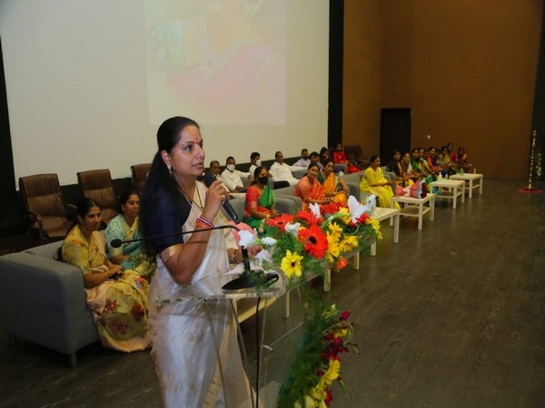 K. Kavitha addresses International Women's Day celebrations in Hyderabad on Monday.