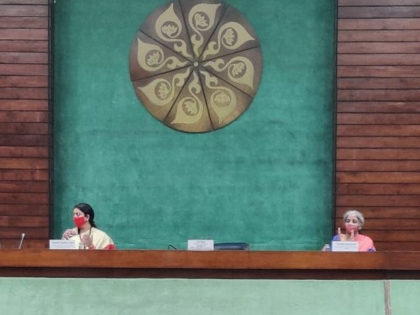 Union Ministers Smriti Irani and Nirmala Sitharaman at a program organised on Internation Women's Day in New Delhi on Monday. [Photo/ANI]
