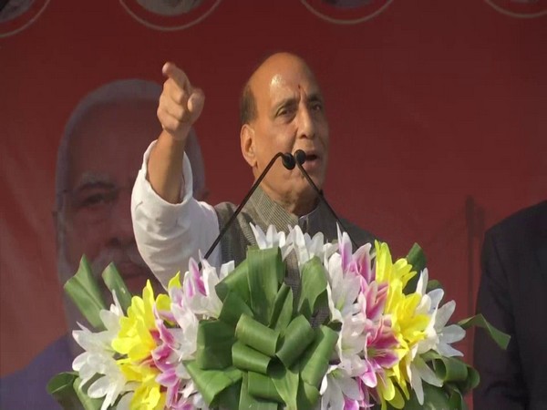 Defence Minister Rajnath Singh addresses a BJP rally in West Bengal's Balurghat on Friday. [Photo/ANI]