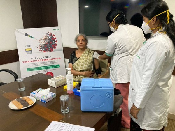 Union Finance Minister Nirmala Sitharaman receiving first dose of COVID-19 vaccine (Photo/ANI)