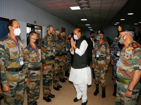 Defence Minister Rajnath Singh joined the Combined Commanders of the Armed Forces (Photo/ANI)