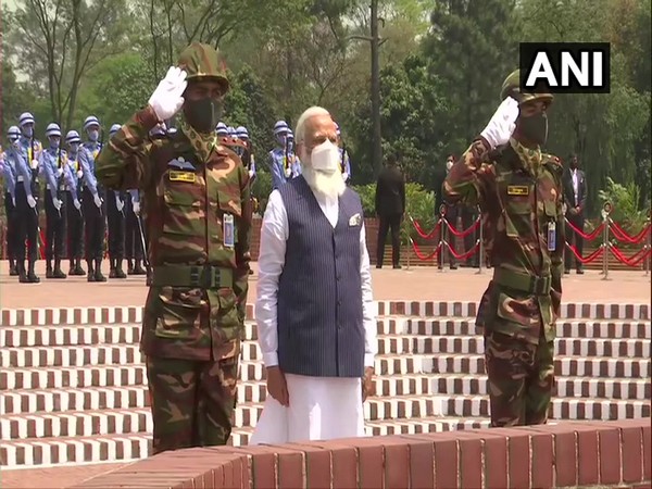 Prime Minister Narendra Modi at the National Martyrs' Memorial in Bangladesh on Friday. (Photo/ANI)