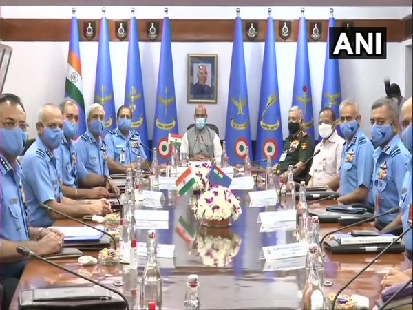Defence Minister Rajnath Singh at the Inaugural Session of the IAF Commanders' Conference.