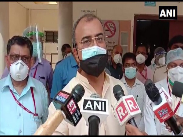 Bihar Health Minister Mangal Pandey speaking to reporters. 