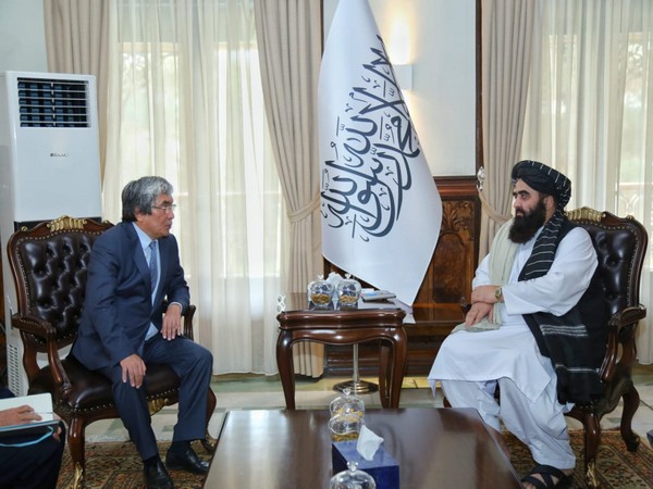 Afghanistan's acting foreign minister Mawlawi Amir Khan Muttaqi met with Alimkhan Esengildiev, the Ambassador of Kazakh. (Photo Credit: Abdul Qahar Balkhi Twitter)