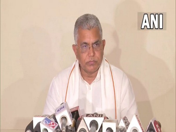 BJP national vice president Dilip Ghosh addressing a press conference in Kolkata on Monday. [Photo/ANI]