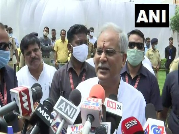 Bhupesh Baghel speaking to reporters in Raipur on Thursday. [Photo/ANI]
