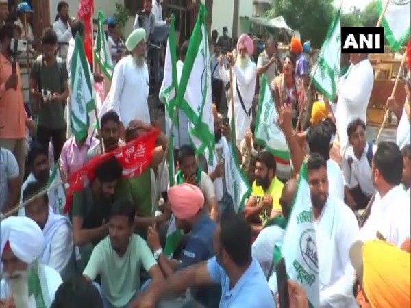 Farmers protesting near the residence of BJP MP Sunita Duggal in Sirsa (Photo/ANI)