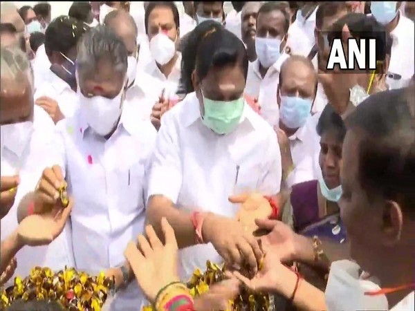 AIADMK leaders Edappadi K Palaniswami and O Panneerselvam at party headquarters in Chennai (Photo/ANI)