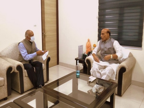 Ladakh LG RK Mathur meeting Defence Minister Rajnath Singh in New Delhi on Sunday.