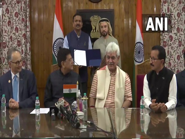 Lieutenant Governor Manoj Sinha with Union Minister Piyush Goyal at Raj Bhavan on Monday