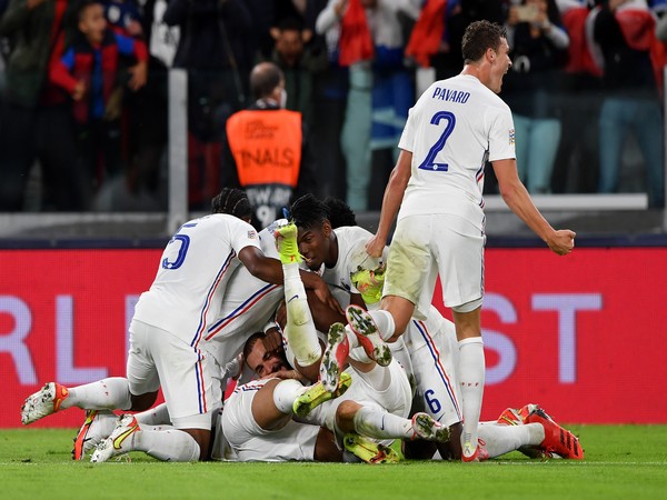 France celebrate after scoring against Belgium (Photo: Twitter/UEFA)